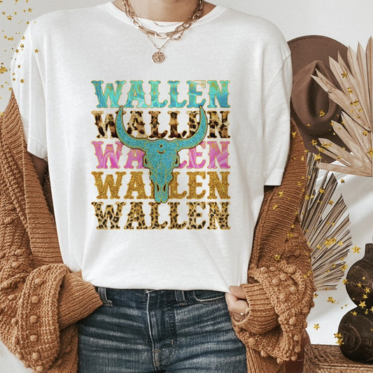 Western Shirts Boho Cow Skull Shirt with Leopard Print Short